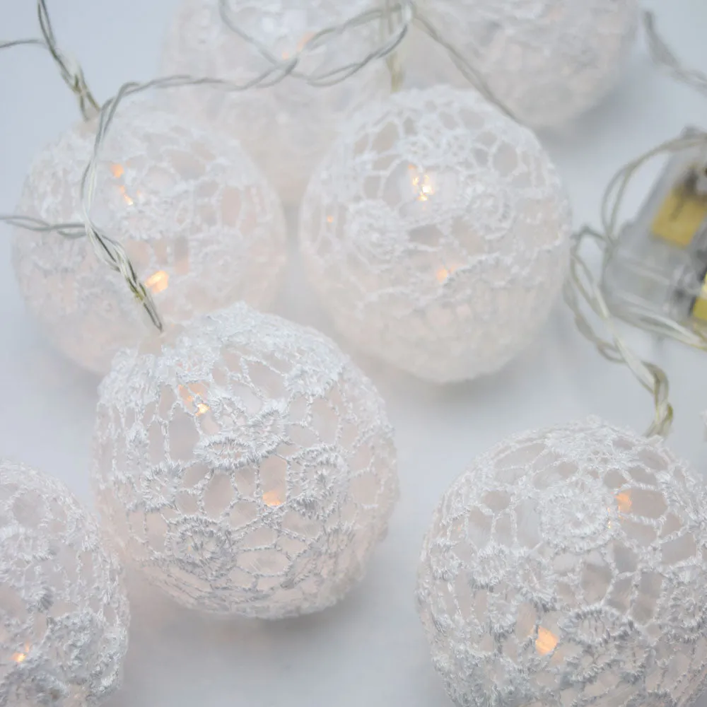 10 LED White Round Lace Fabric Ball String Light, 5.5 FT, Battery Operated