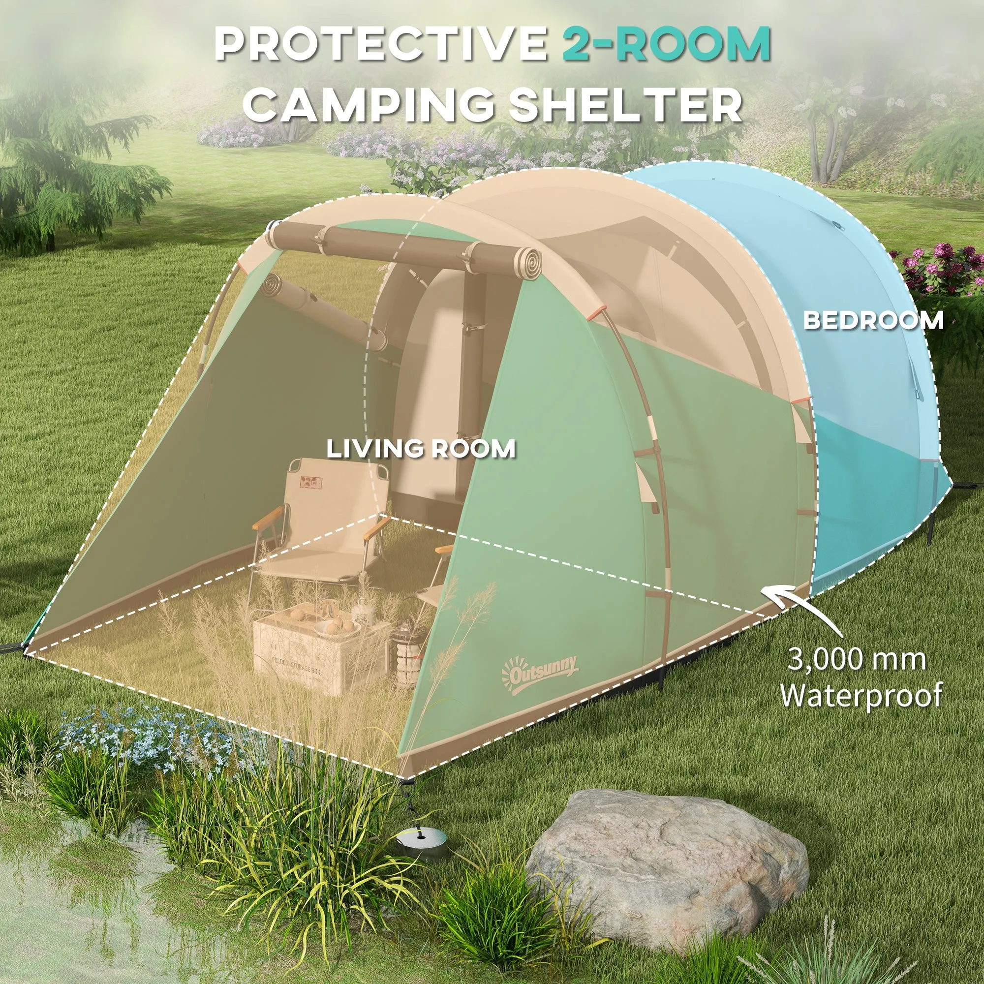 3000mm Waterproof Camping Tent with 2 Rooms for 3 Man, Green