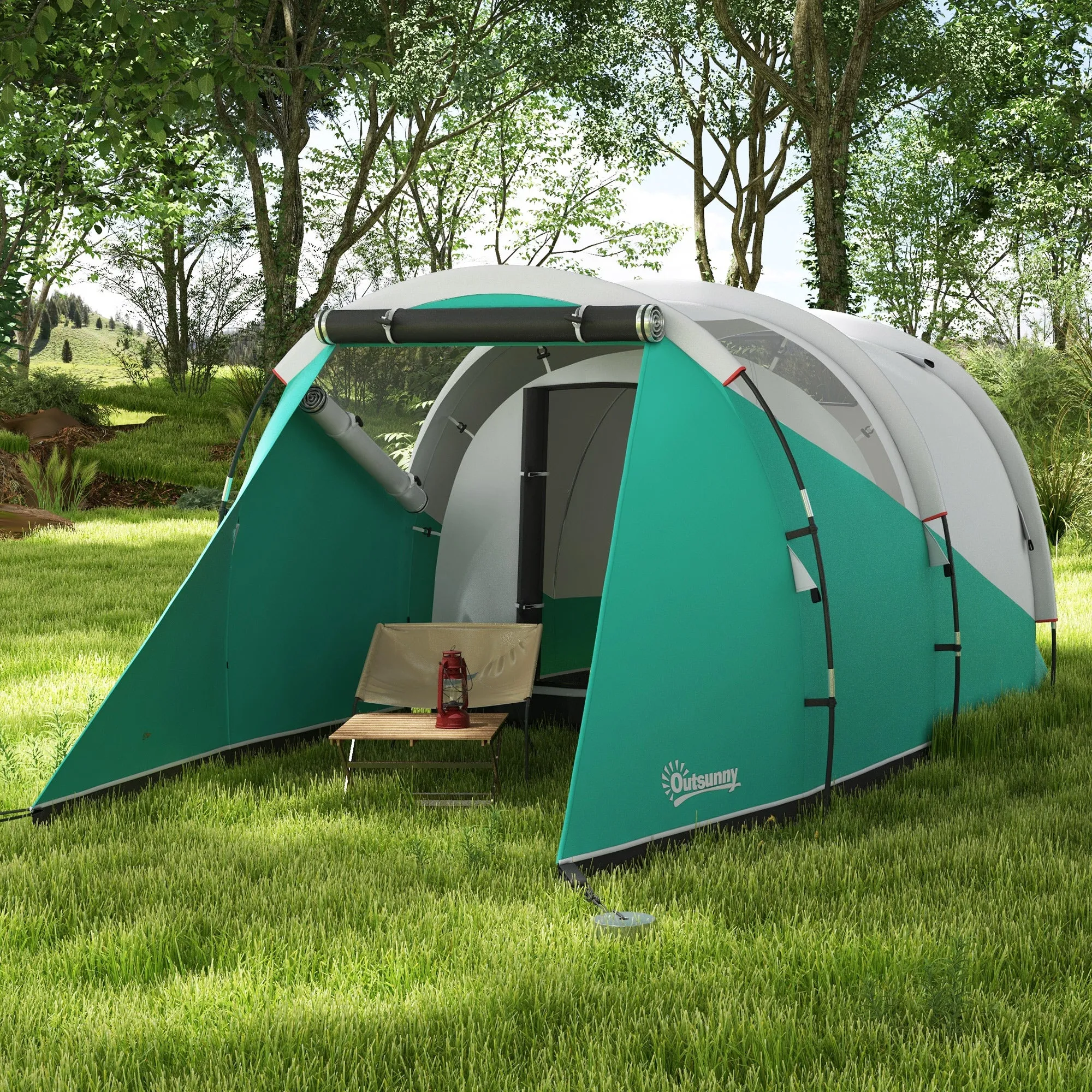 3000mm Waterproof Camping Tent with 2 Rooms for 3 Man, Green