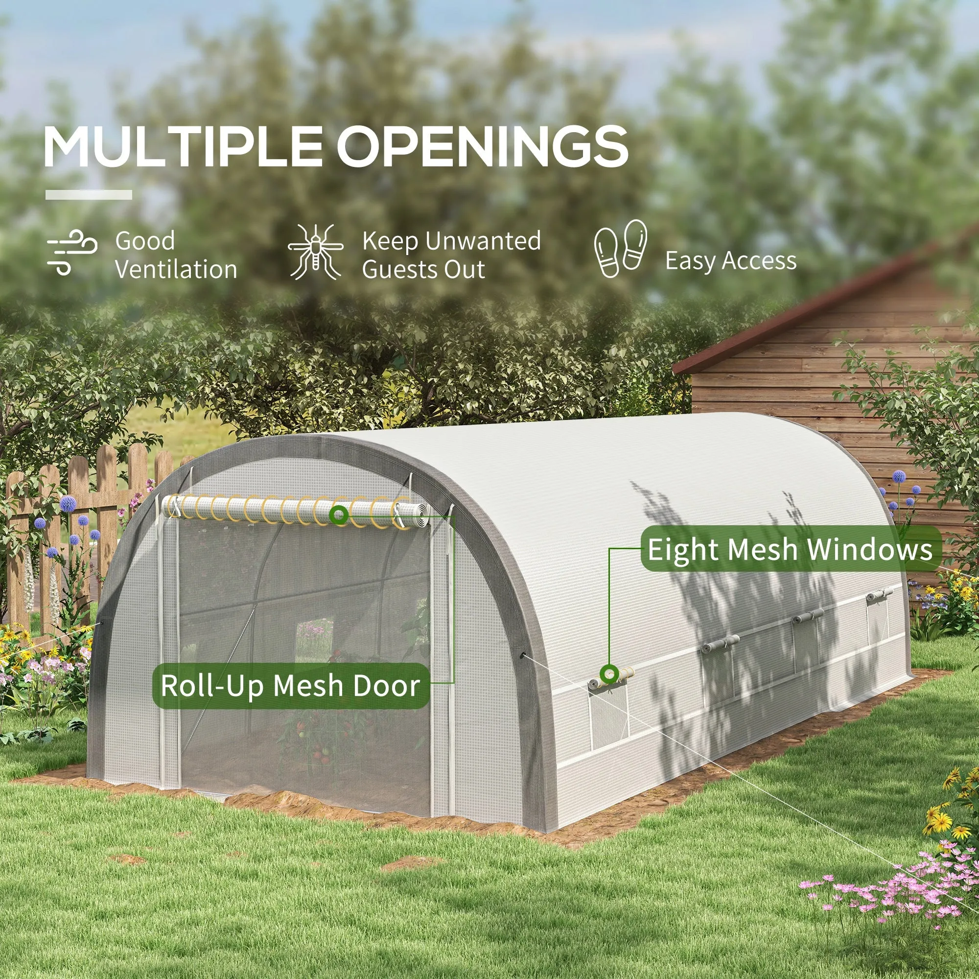 6 x 3(m) Polytunnel Greenhouse with Upgraded Structure, Mesh Door and Windows, 15 Plant Labels, White