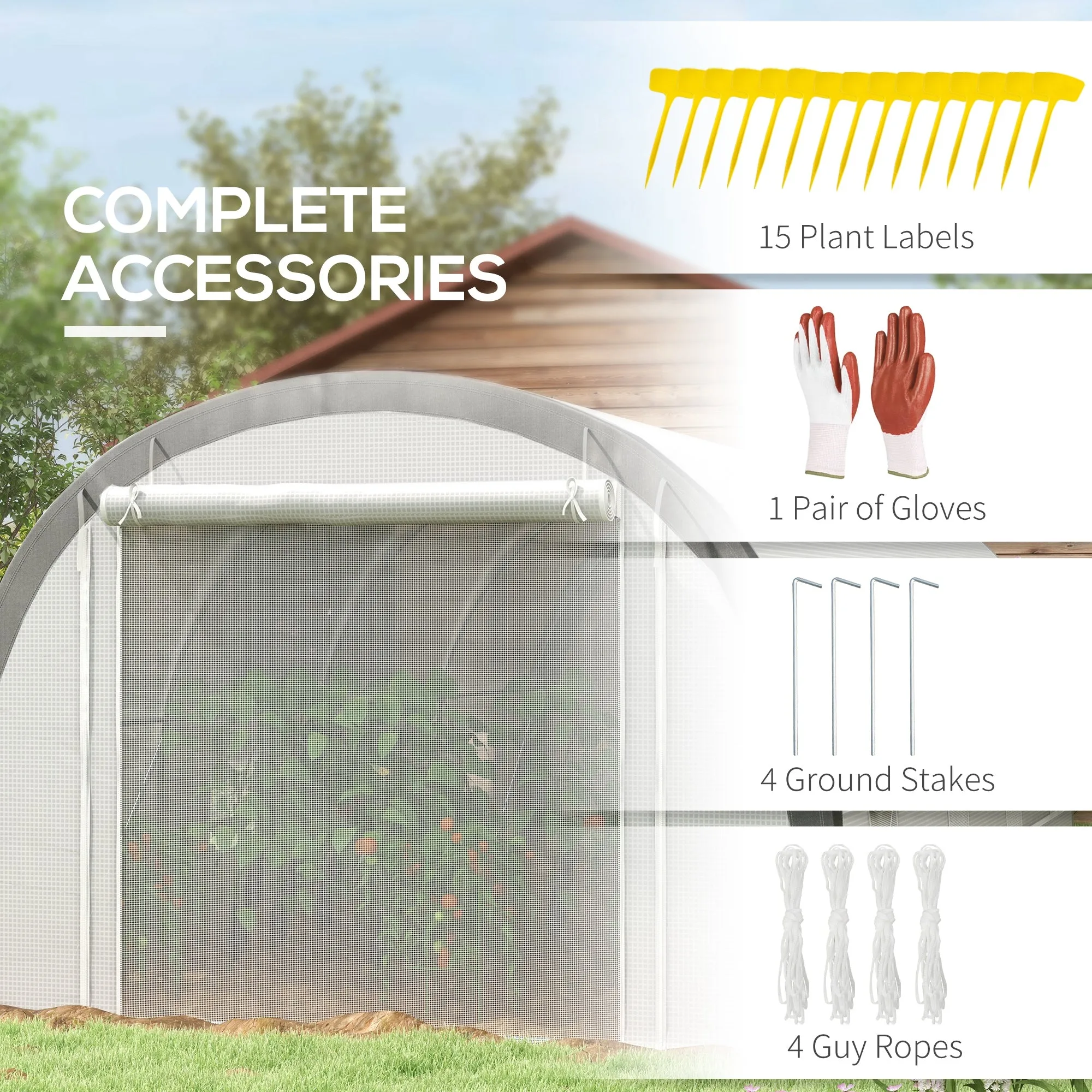 6 x 3(m) Polytunnel Greenhouse with Upgraded Structure, Mesh Door and Windows, 15 Plant Labels, White