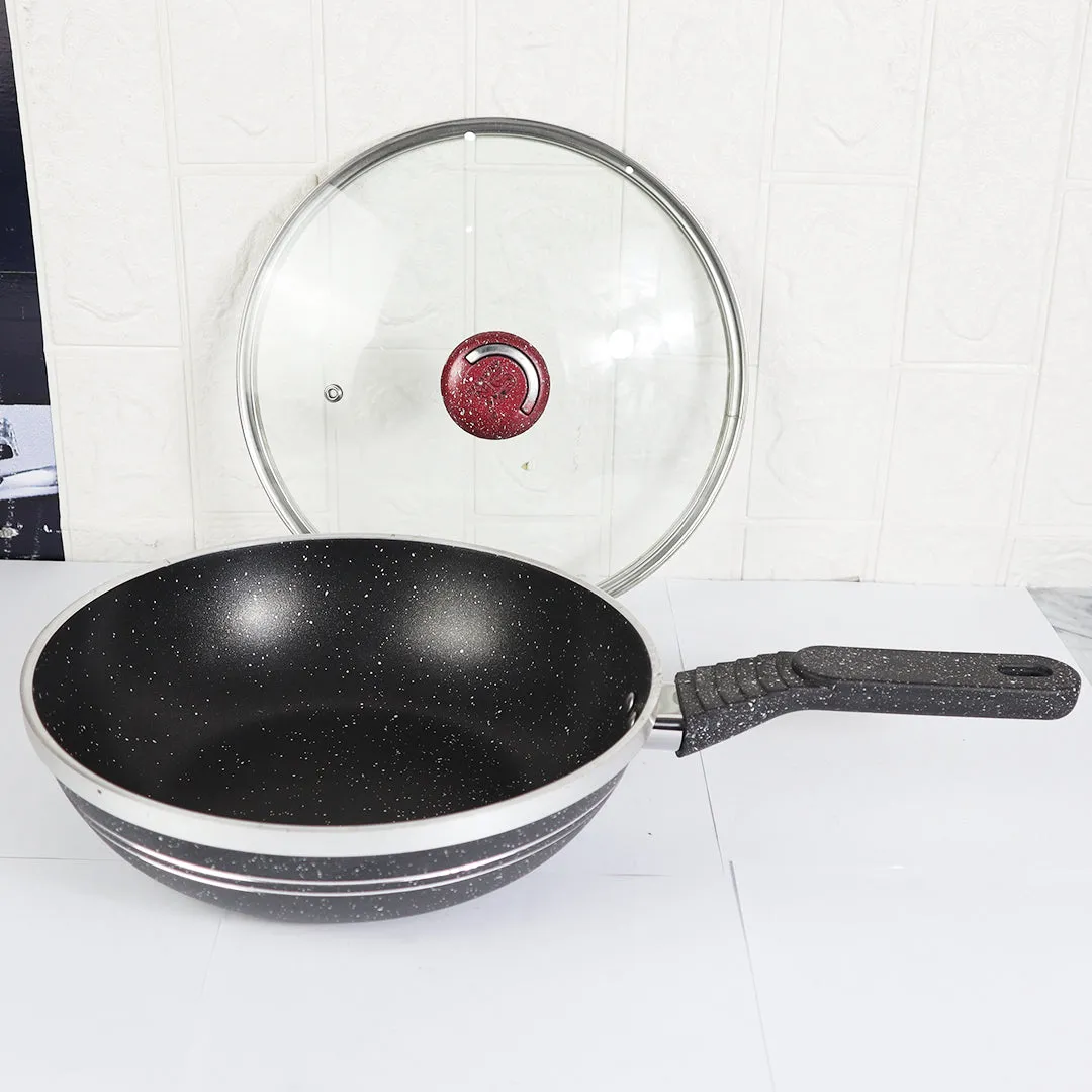 Black Marble Coated Forged Deep Frypan with Glass Lid