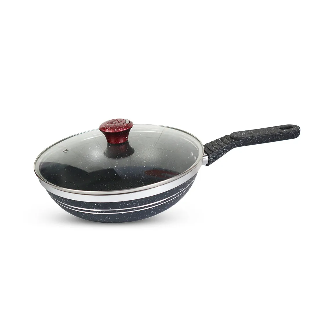 Black Marble Coated Forged Deep Frypan with Glass Lid