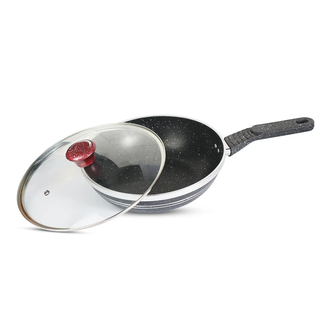 Black Marble Coated Forged Deep Frypan with Glass Lid