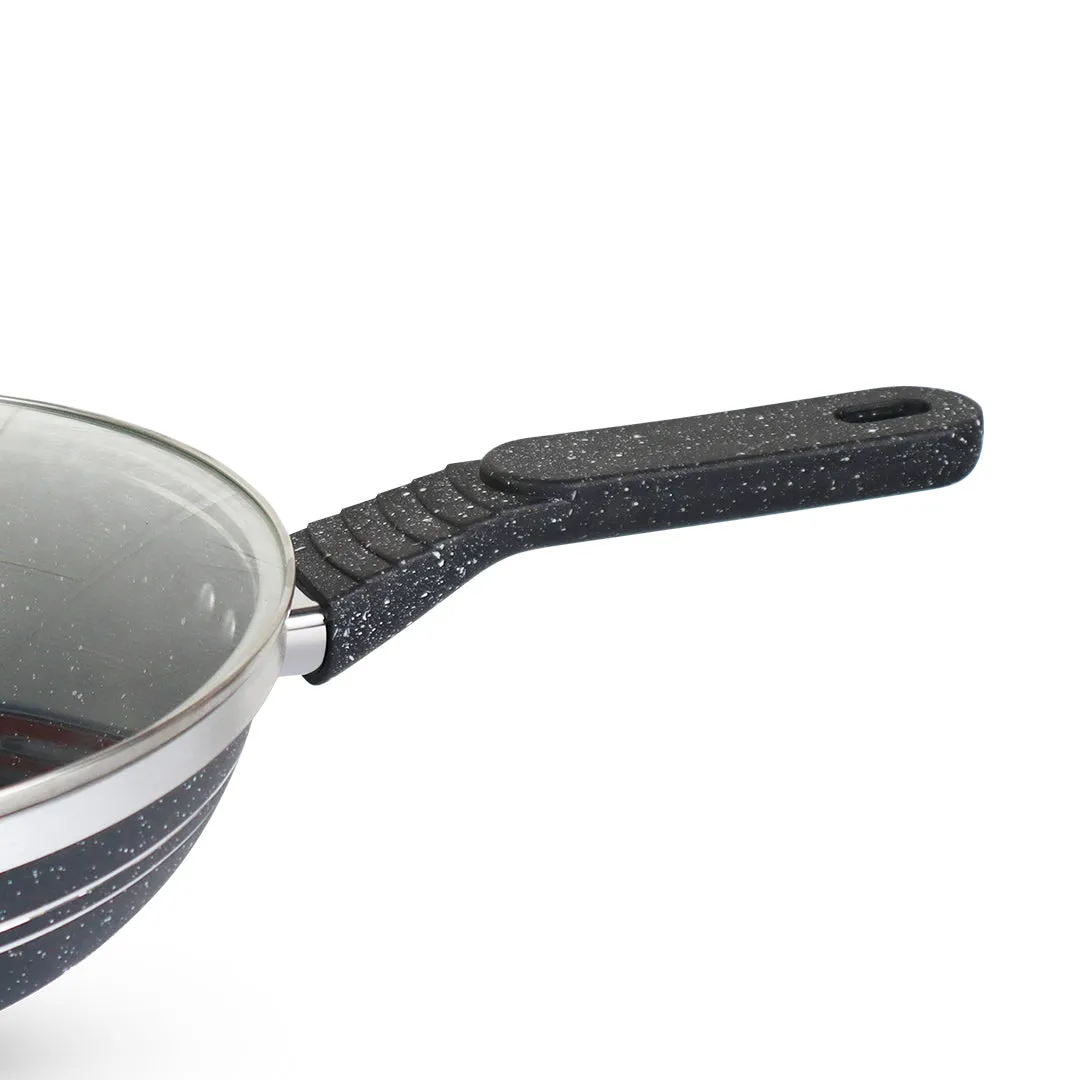 Black Marble Coated Forged Deep Frypan with Glass Lid