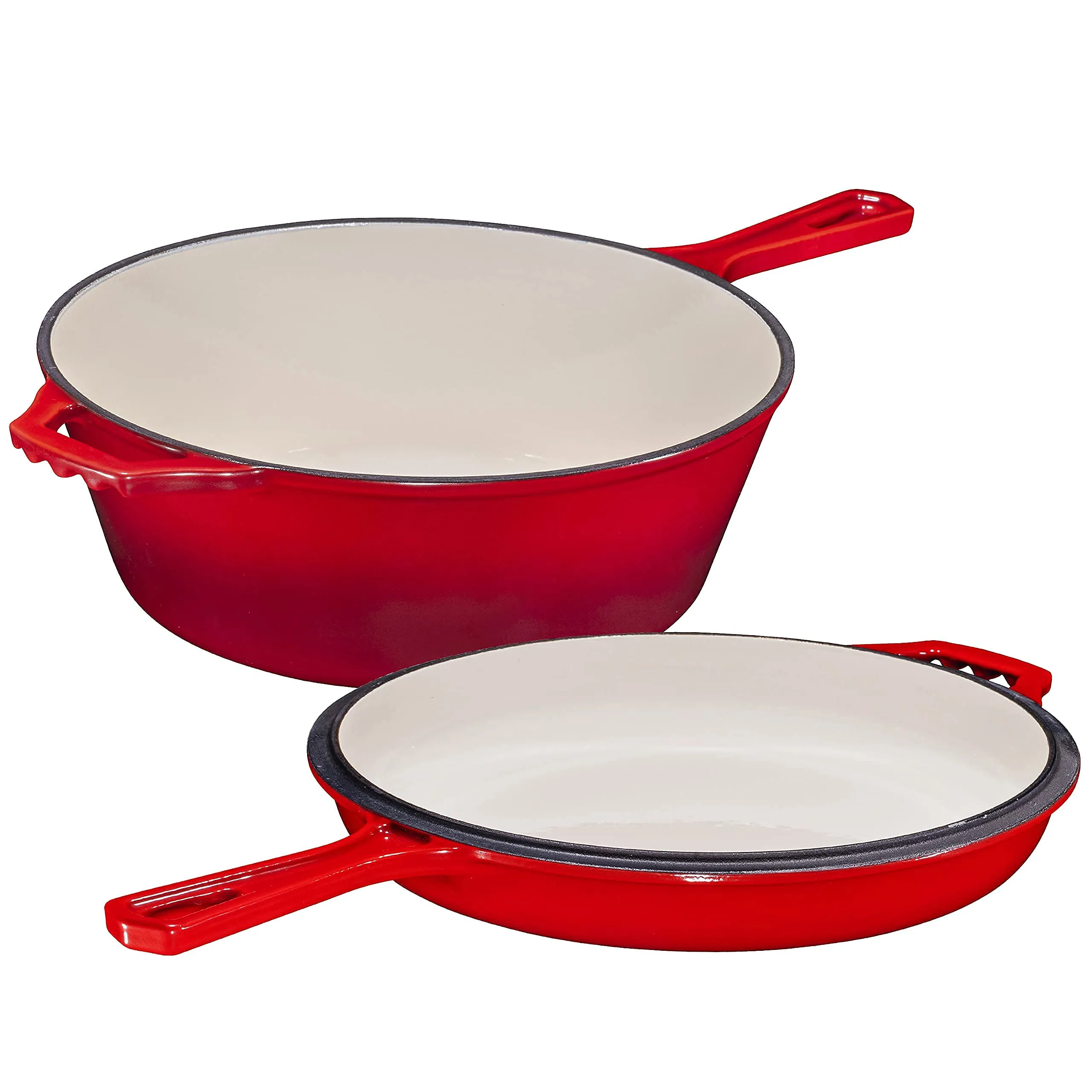 Enameled Red 2-In-1 Cast Iron Multi-Cooker By Heavy Duty 3 Quart Deep Skillet And Lid