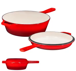 Enameled Red 2-In-1 Cast Iron Multi-Cooker By Heavy Duty 3 Quart Deep Skillet And Lid