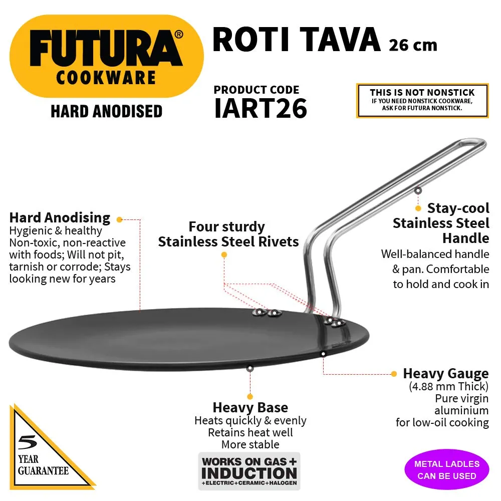 Hawkins Futura Hard Anodised Roti Tava 26cm, 4.88mm Thick Induction Compatible (Black)