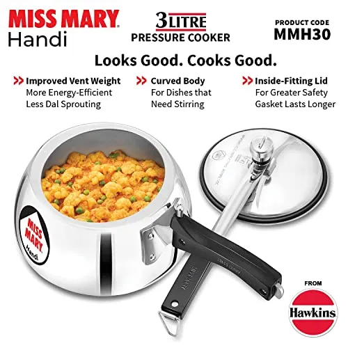 Hawkins Miss Mary Aluminium Inner Lid Handi Pressure Cooker, 3 Litre, Silver (MMH30)