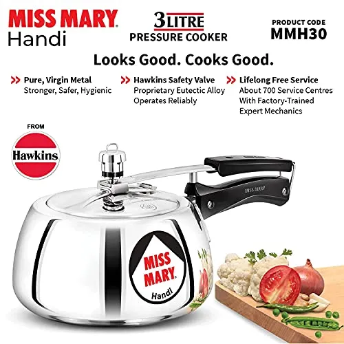 Hawkins Miss Mary Aluminium Inner Lid Handi Pressure Cooker, 3 Litre, Silver (MMH30)