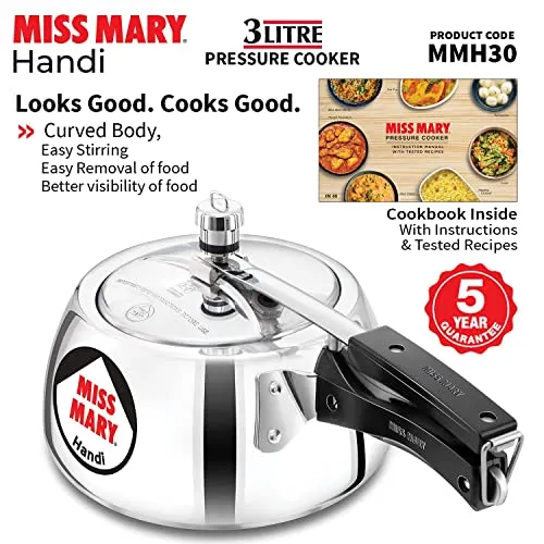 Hawkins Miss Mary Aluminium Inner Lid Handi Pressure Cooker, 3 Litre, Silver (MMH30)