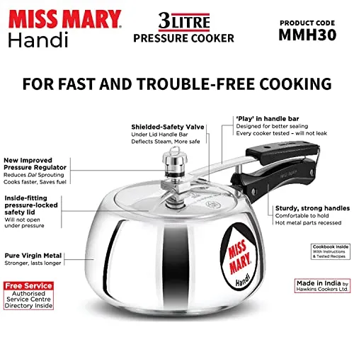 Hawkins Miss Mary Aluminium Inner Lid Handi Pressure Cooker, 3 Litre, Silver (MMH30)