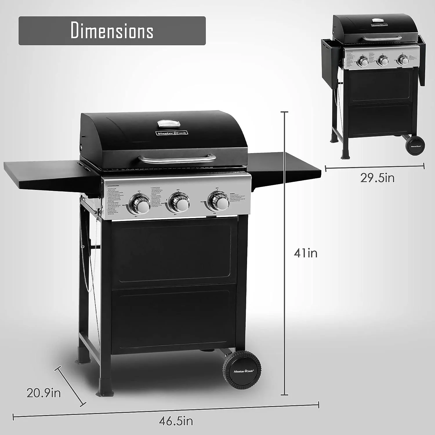 MASTER COOK 3 Burner BBQ Propane Gas Grill, Stainless Steel 30,000 BTU Patio Garden Barbecue Grill with Two Foldable Shelves