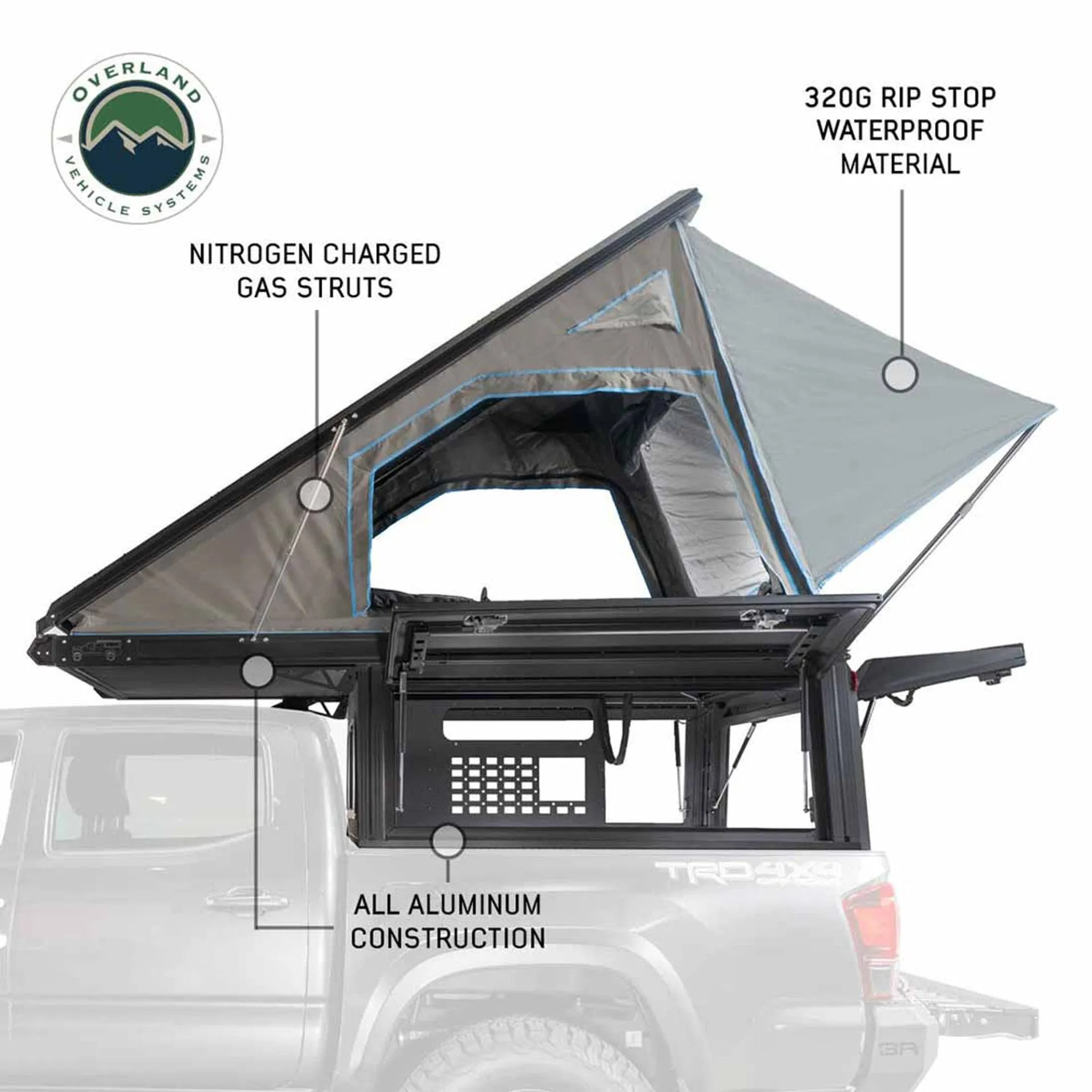 Overland Vehicle Systems MagPak - Camper Shell/Roof Top Tent Combo with Lights, Rear Molle Panel, Side Tie Downs, Front & Rear Windows