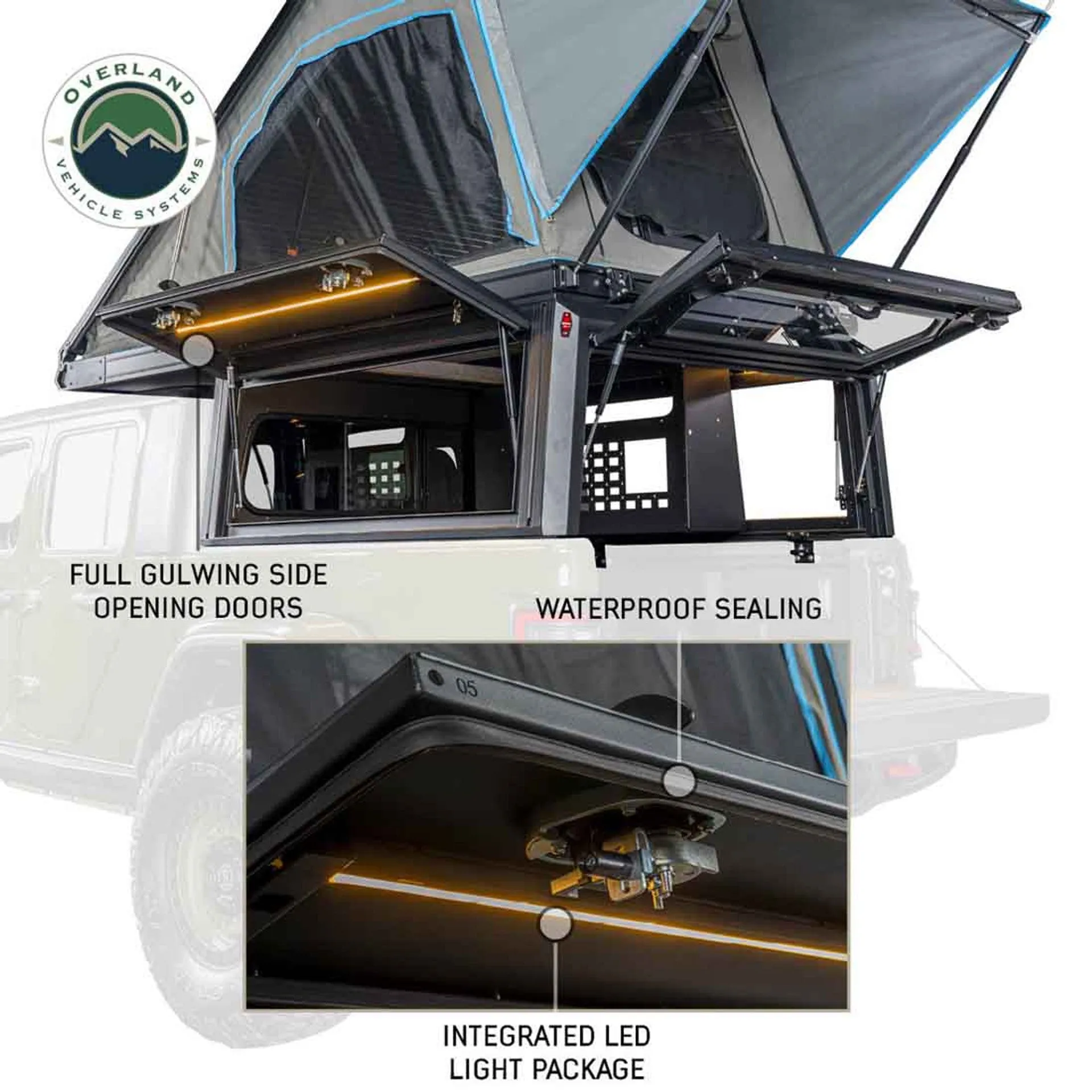 Overland Vehicle Systems MagPak - Camper Shell/Roof Top Tent Combo with Lights, Rear Molle Panel, Side Tie Downs, Front & Rear Windows