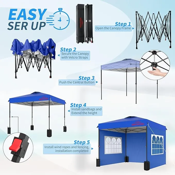 SANNWSG 10x10FT Pop Up Canopy with Sidewalls, Easy Up Canopy Tent, Heavy Duty Tents for Parties, One Person Set Up Event Tent, Blue