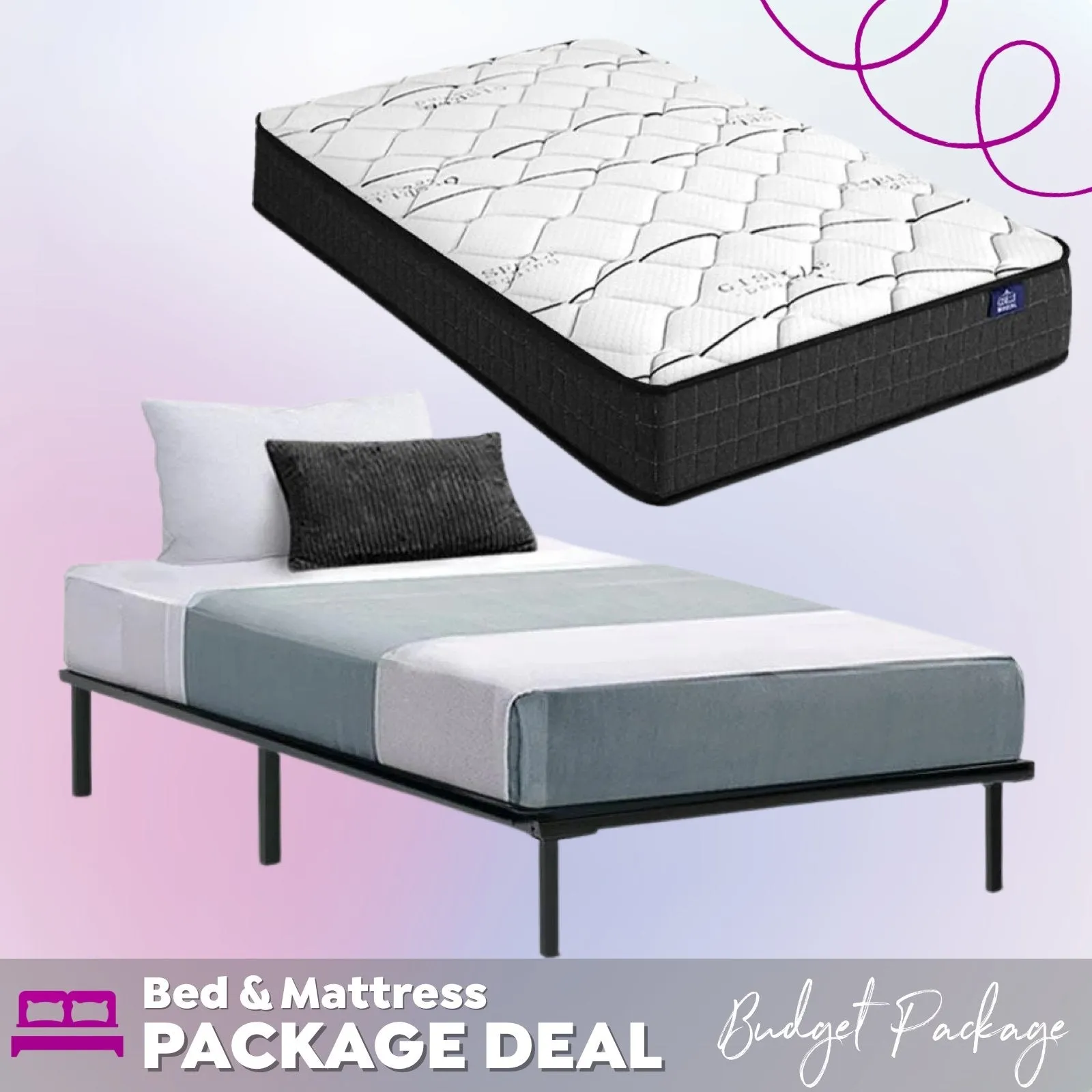 Single Package | Ted Metal Bed Black & Glay Bonnell Spring Mattress (Medium Firm)