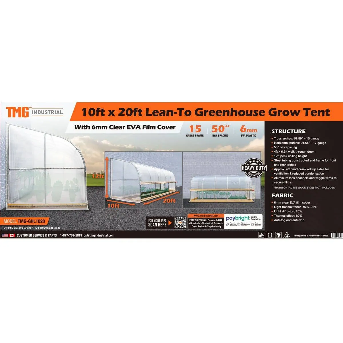 TMG Industrial 10’ x 20’ Lean-To Greenhouse Grow Tent w/6 Mil Clear EVA Plastic Film, Cold Frame, Hand Crank Roll-Up Side, 6-½’ Sidewall, TMG-GHL1020