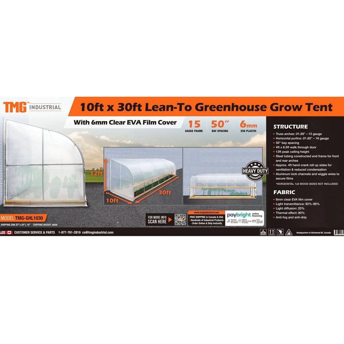 TMG Industrial 10’ x 30’ Lean-To Greenhouse Grow Tent w/6 Mil Clear EVA Plastic Film, Cold Frame, Hand Crank Roll-Up Side, 6-½’ Sidewall, TMG-GHL1030