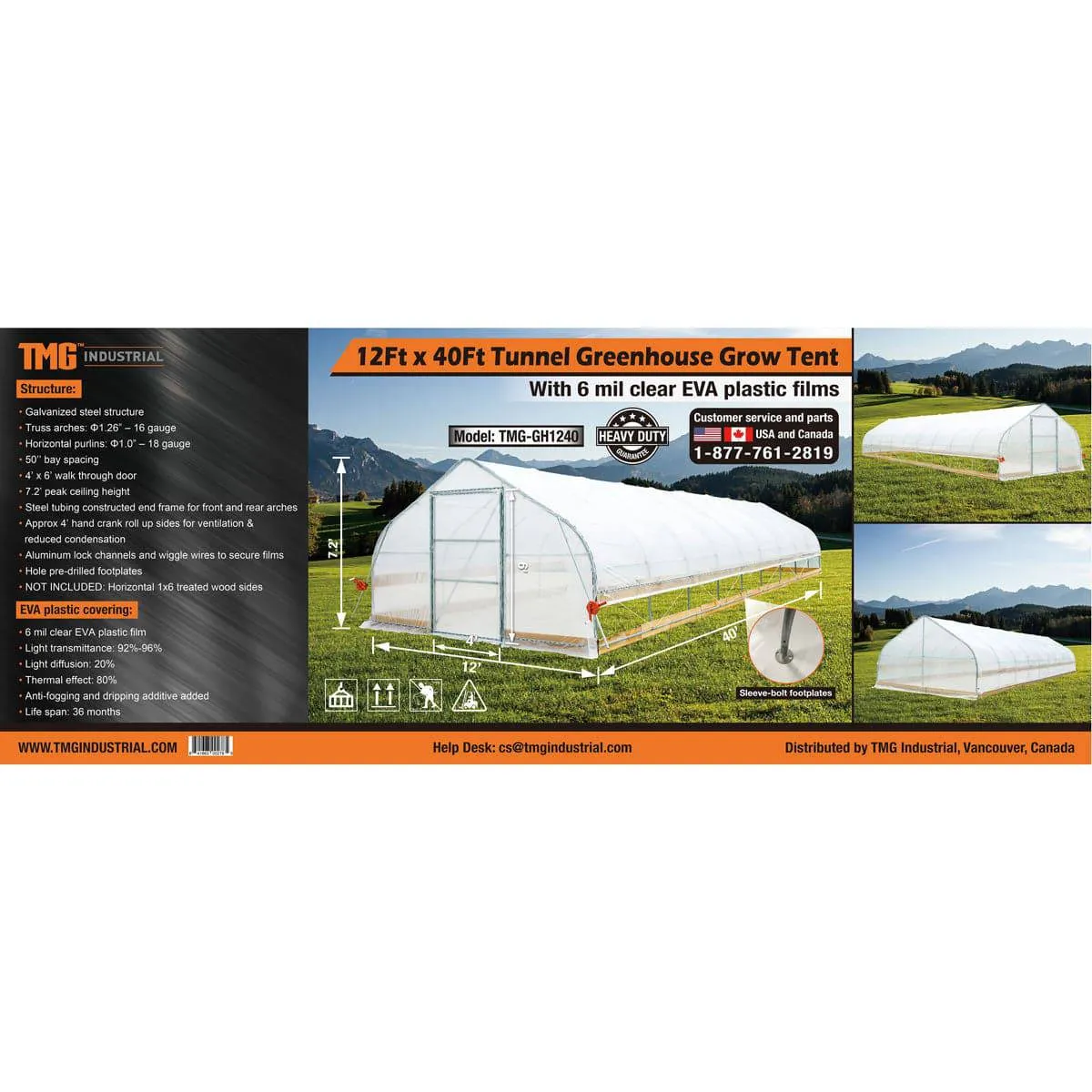 TMG Industrial 12’ x 40’ Tunnel Greenhouse Grow Tent w/6 Mil Clear EVA Plastic Film, Cold Frame, Hand Crank Roll-Up Sides, Peak Ceiling Roof, TMG-GH1240