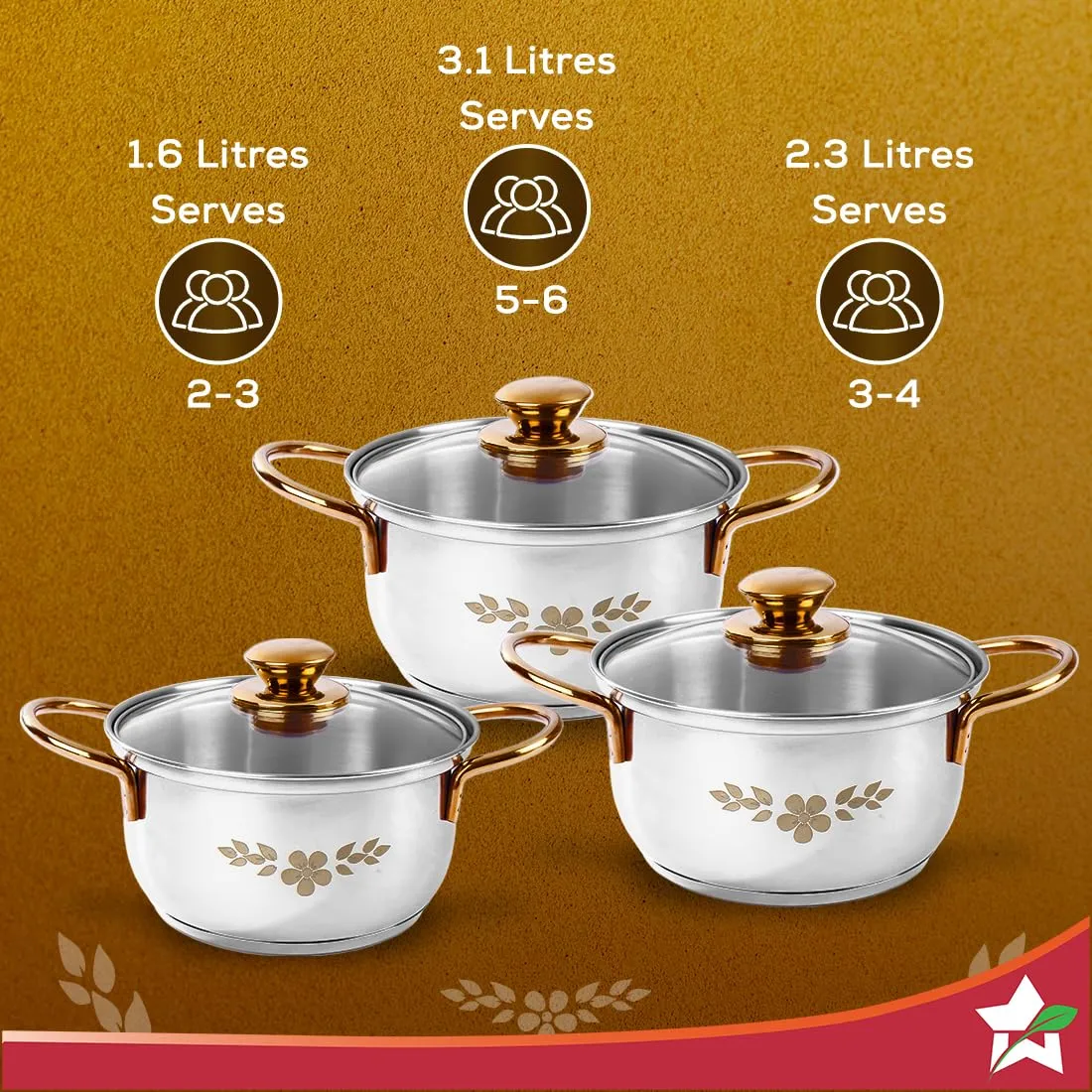 Wonderchef Gold Stanton Stainless Steel 3 Piece Casserole Set with Glass Lid | Golden knobs and Handles | Induction & Gas Stove Friendly | Set of 3 (1.6L, 2.3L, 3.1L) | 1 Year Warranty