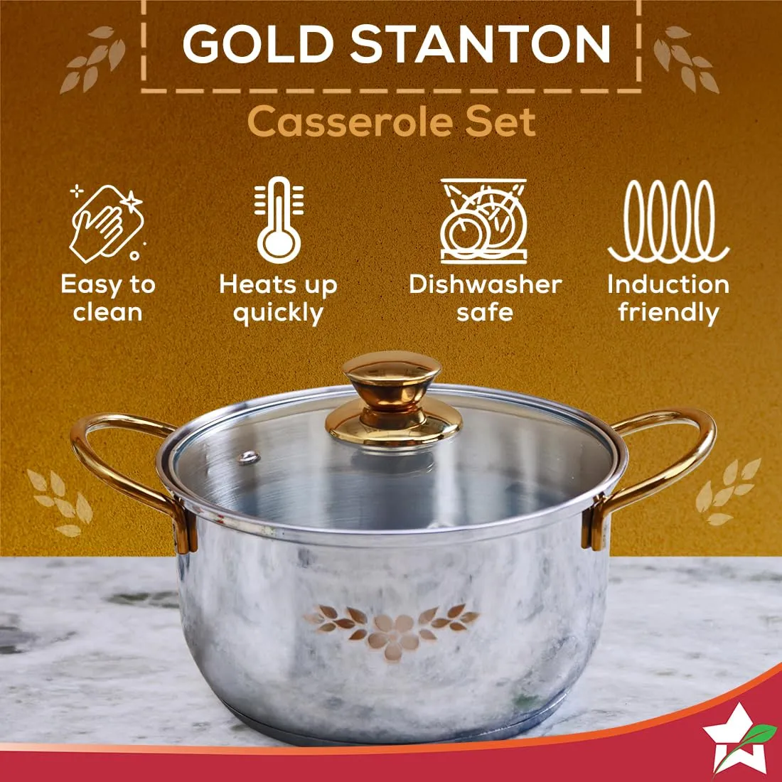 Wonderchef Gold Stanton Stainless Steel 3 Piece Casserole Set with Glass Lid | Golden knobs and Handles | Induction & Gas Stove Friendly | Set of 3 (1.6L, 2.3L, 3.1L) | 1 Year Warranty