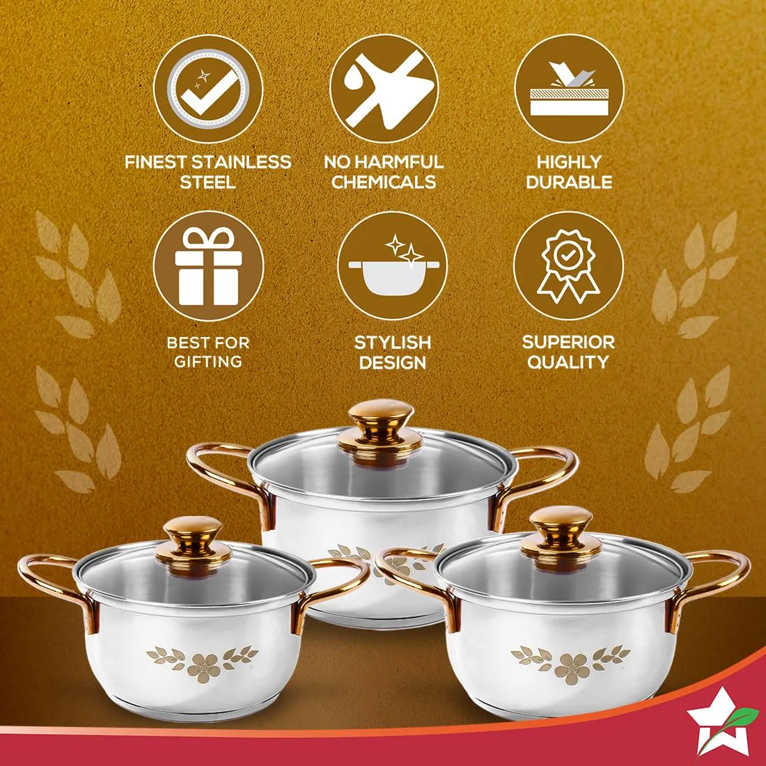 Wonderchef Gold Stanton Stainless Steel 3 Piece Casserole Set with Glass Lid | Golden knobs and Handles | Induction & Gas Stove Friendly | Set of 3 (1.6L, 2.3L, 3.1L) | 1 Year Warranty